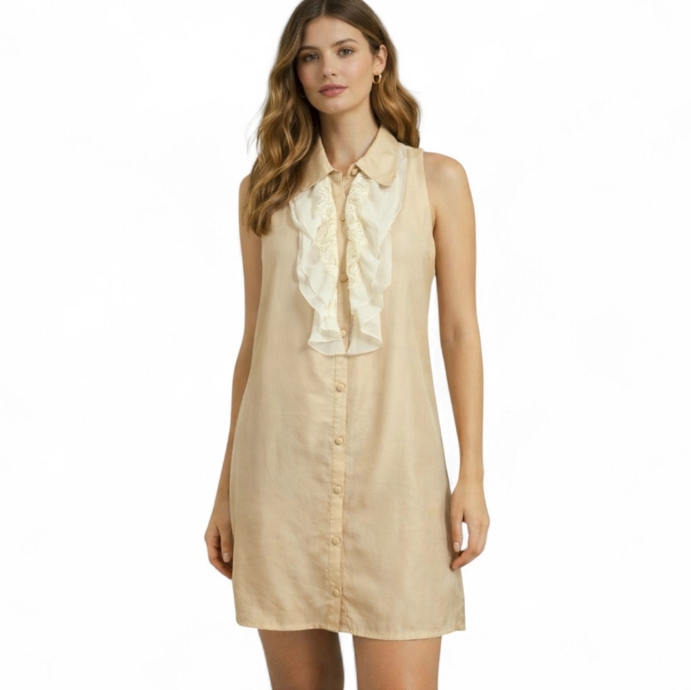 Twelve by Twelve 100% Silk Sleeveless Ruffle Front Shirt Dress–Champagne. Size M